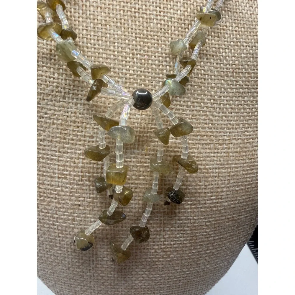 Labradorite Chip Bead‎ Double Strand Necklace Iridescent Seed Beads Boho Tassel